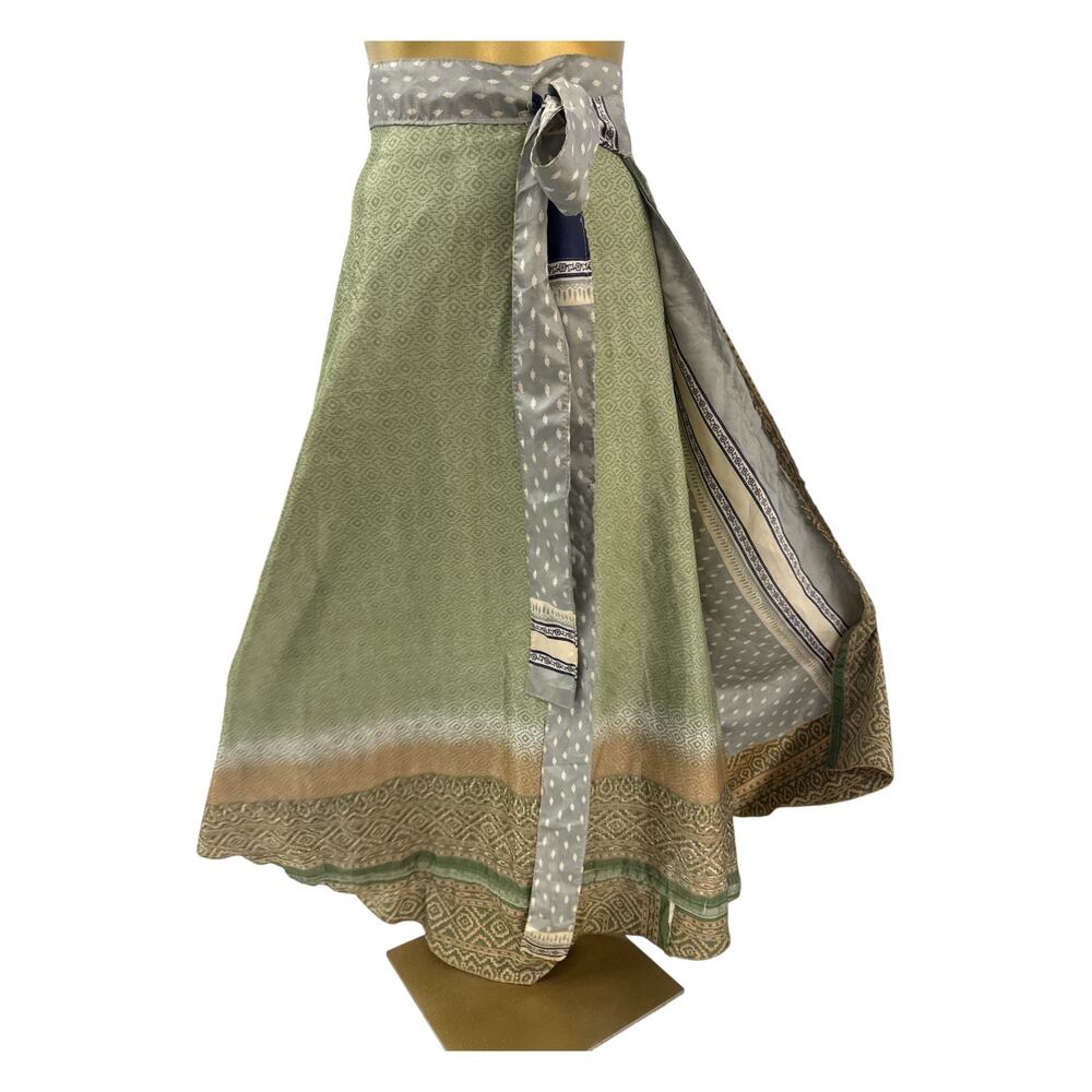 Indian Sari Wrap Skirt Sage Blue Block Print Gold Border One Size